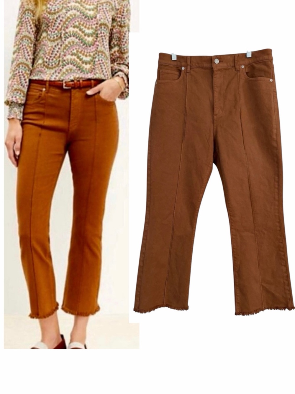 LOFT The Kick Crop Brown Jeans Size 31/12 Pintucked Frayed High Rise Casual Fall
